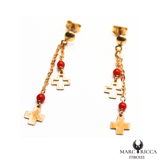 Boucles Or Corail Perle & Croix Pendante