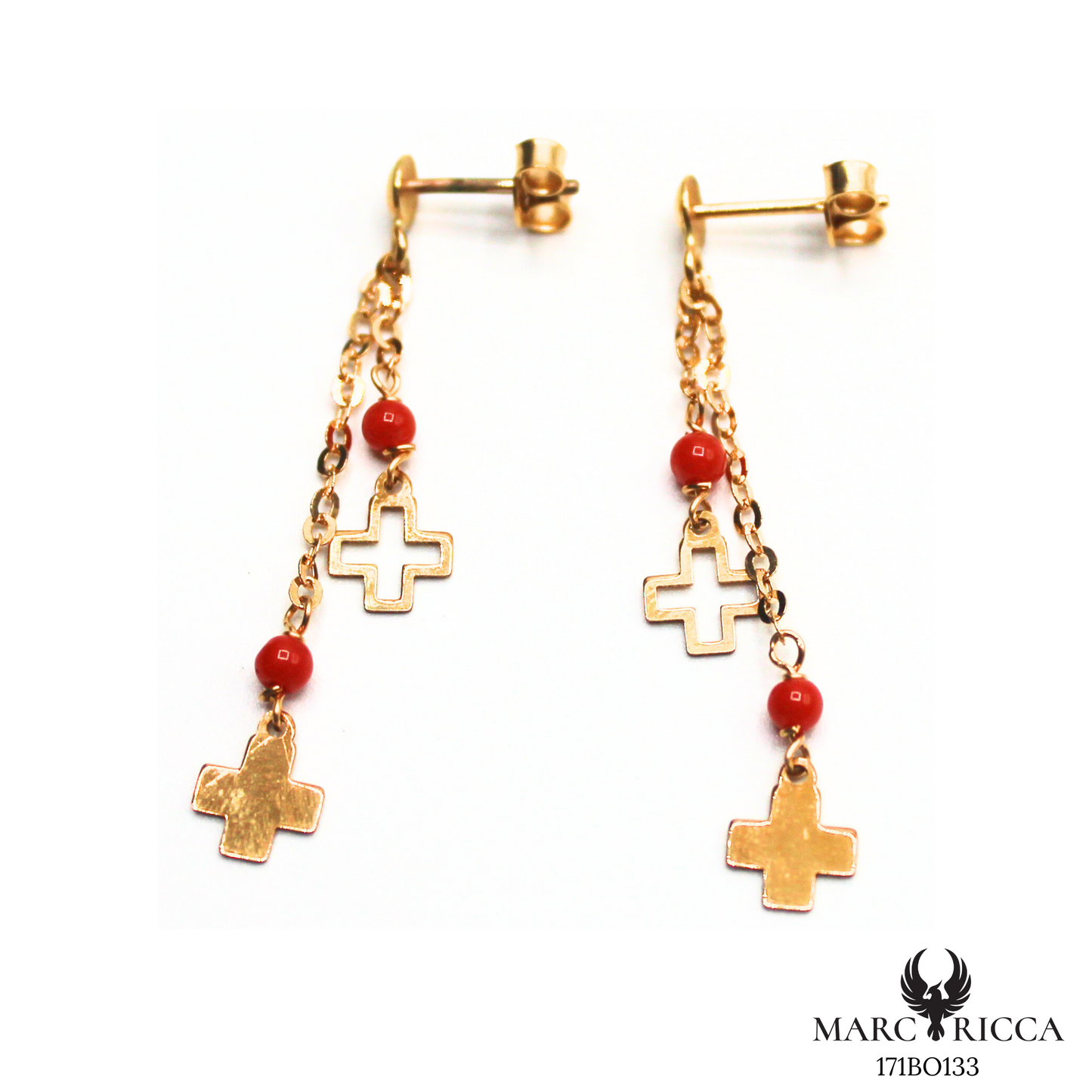 Boucles Or Corail Perle & Croix Pendante