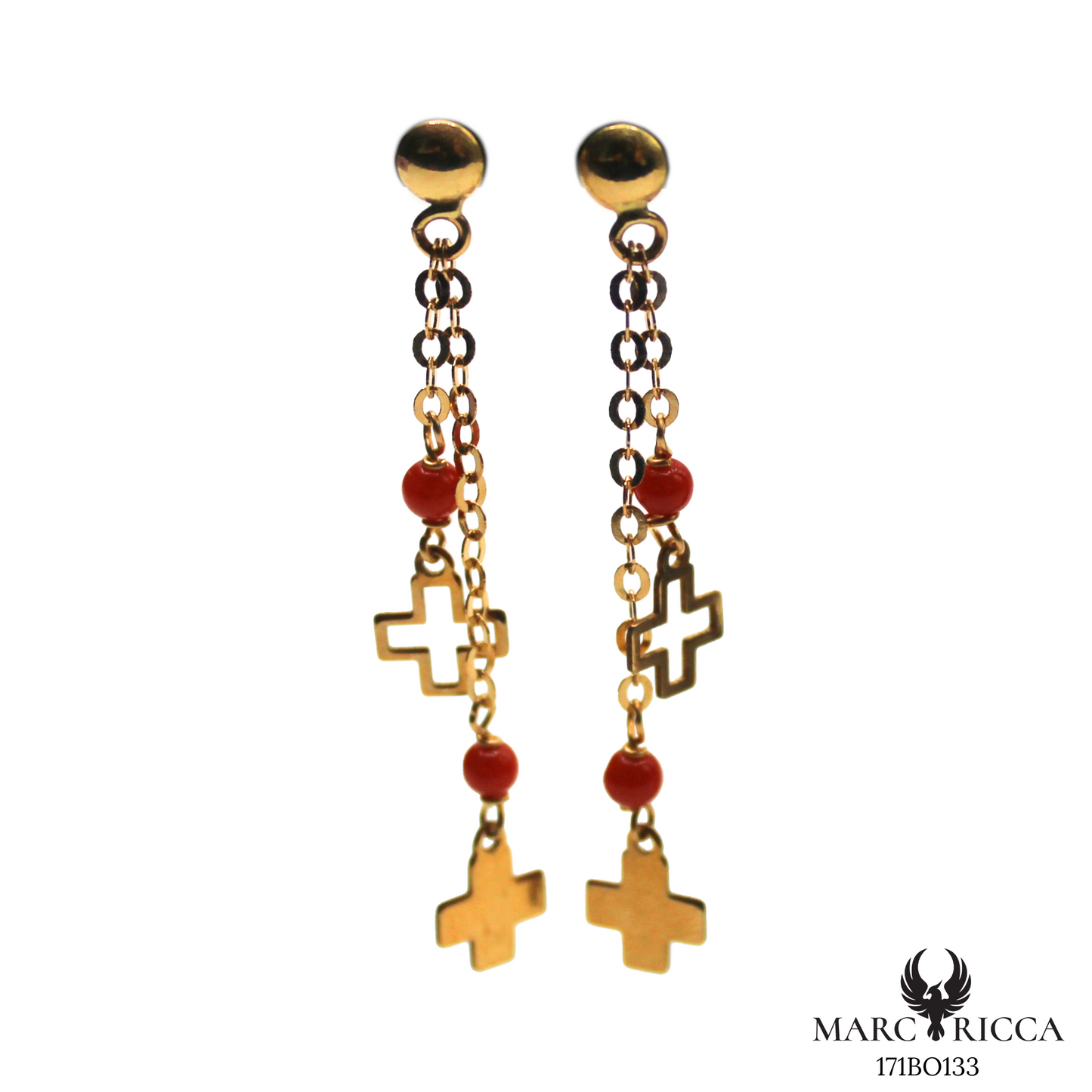 Boucles Or Corail Perle & Croix Pendante