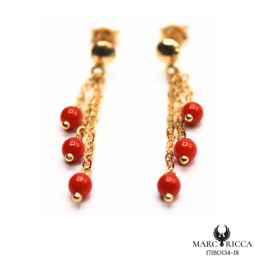 Boucles Or Pendante Corail Perle