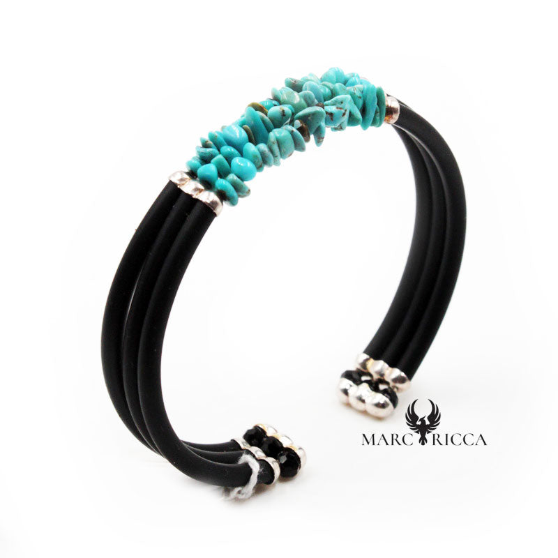 Bracelet Argent Caoutchouc 3 Rangs Turquoise