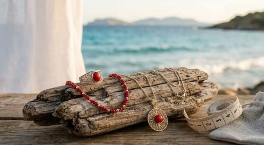 Bague, bracelet et collier corses présentés sur du bois flotté avec un mètre ruban, face à une mer turquoise et un drapé blanc.