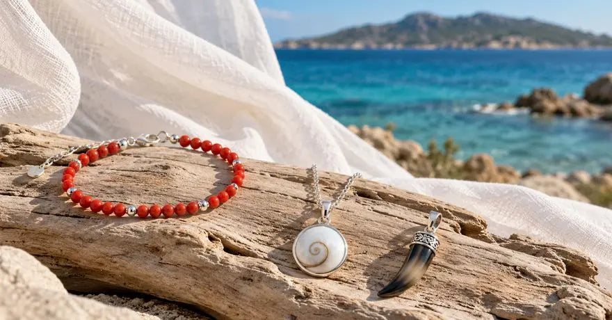 Sélection de bijoux corses en corail rouge, nacre, corne et argent posés sur du bois flotté devant une mer turquoise et un drapé blanc.