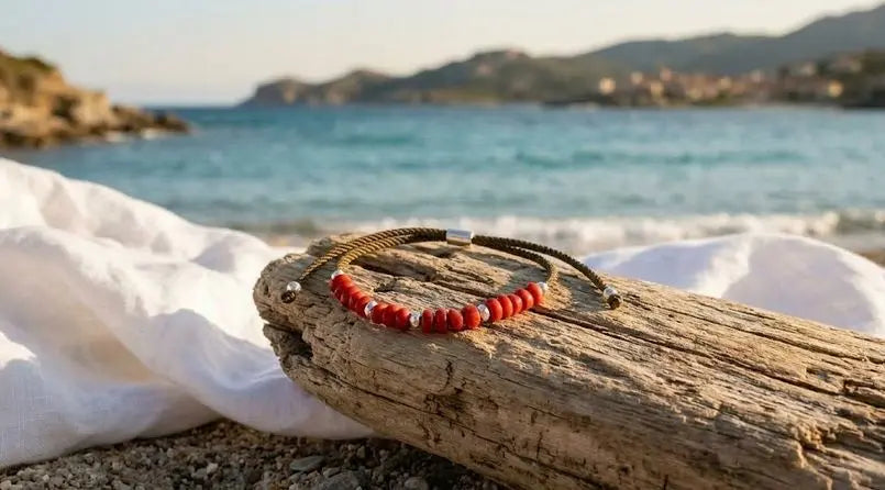 Bracelet corse masculin discret et élégant en corail rouge, argent et cordon, posé sur du bois flotté devant une mer turquoise et un drapé blanc.