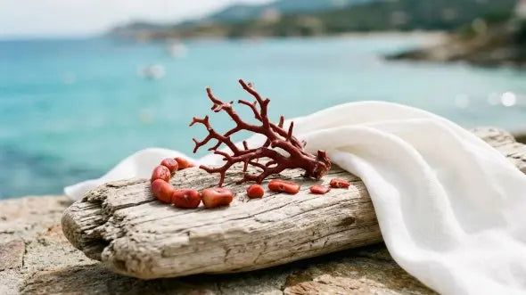 Branche de corail rouge et éléments polis sur du bois flotté, accompagnés d’un drapé blanc devant une mer turquoise.