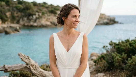 Mariée en robe blanche à décolleté en V, portant un pendentif discret et des boucles d’oreilles, les cheveux relevés face à une mer turquoise.