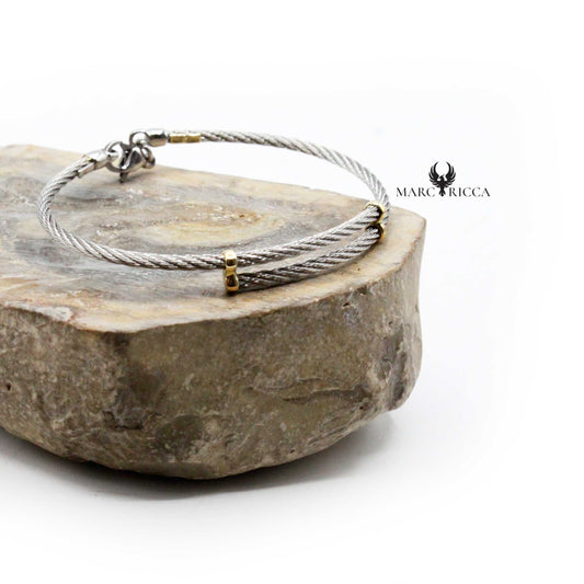 Bracelet Or 9 Carats & Acier double câbles