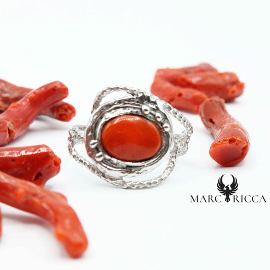 Bague Argent Corail Cabochon Spirale