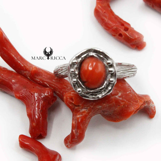 Bague Argent Corail Cabochon