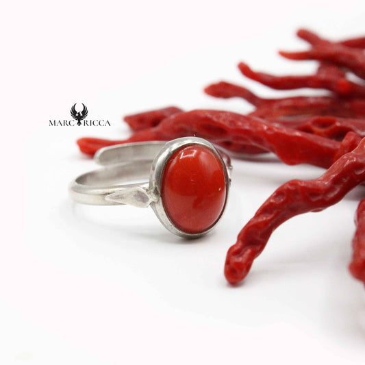 Bague Argent Corail Cabochon Oval