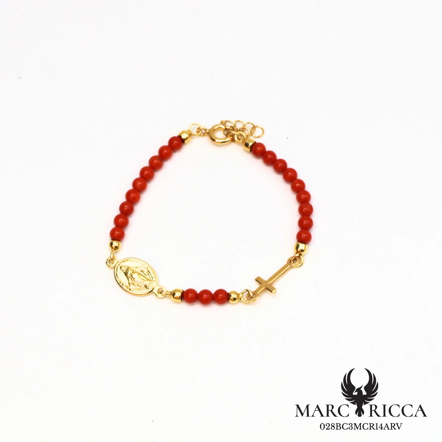 Bracelet perles de corail, croix & madone en vermeil