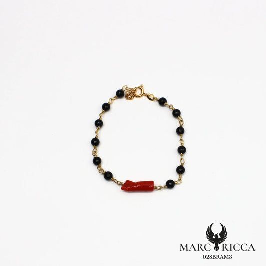 Bracelet perles onyx et main en corail en vermeil