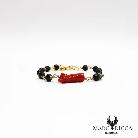 Bracelet perles onyx et main en corail en vermeil