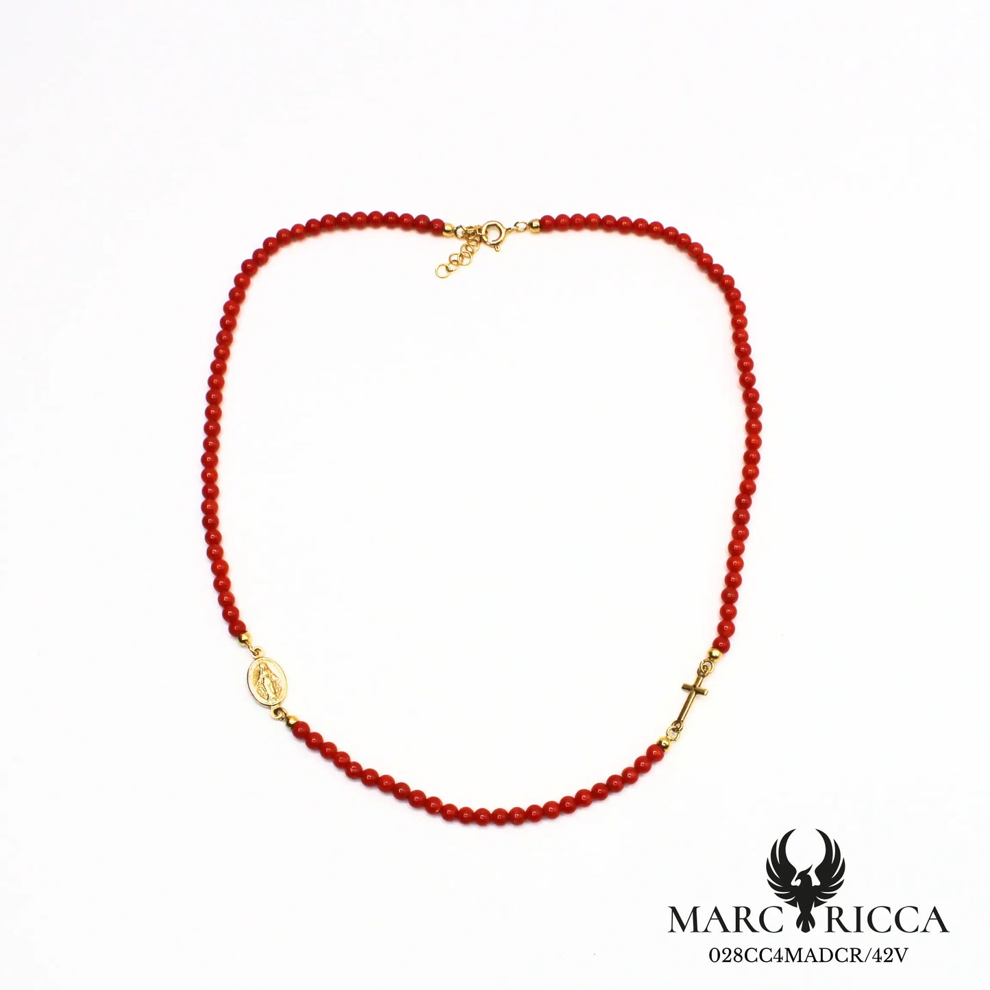 Collier en perles de corail avec madone et croix en vermeil