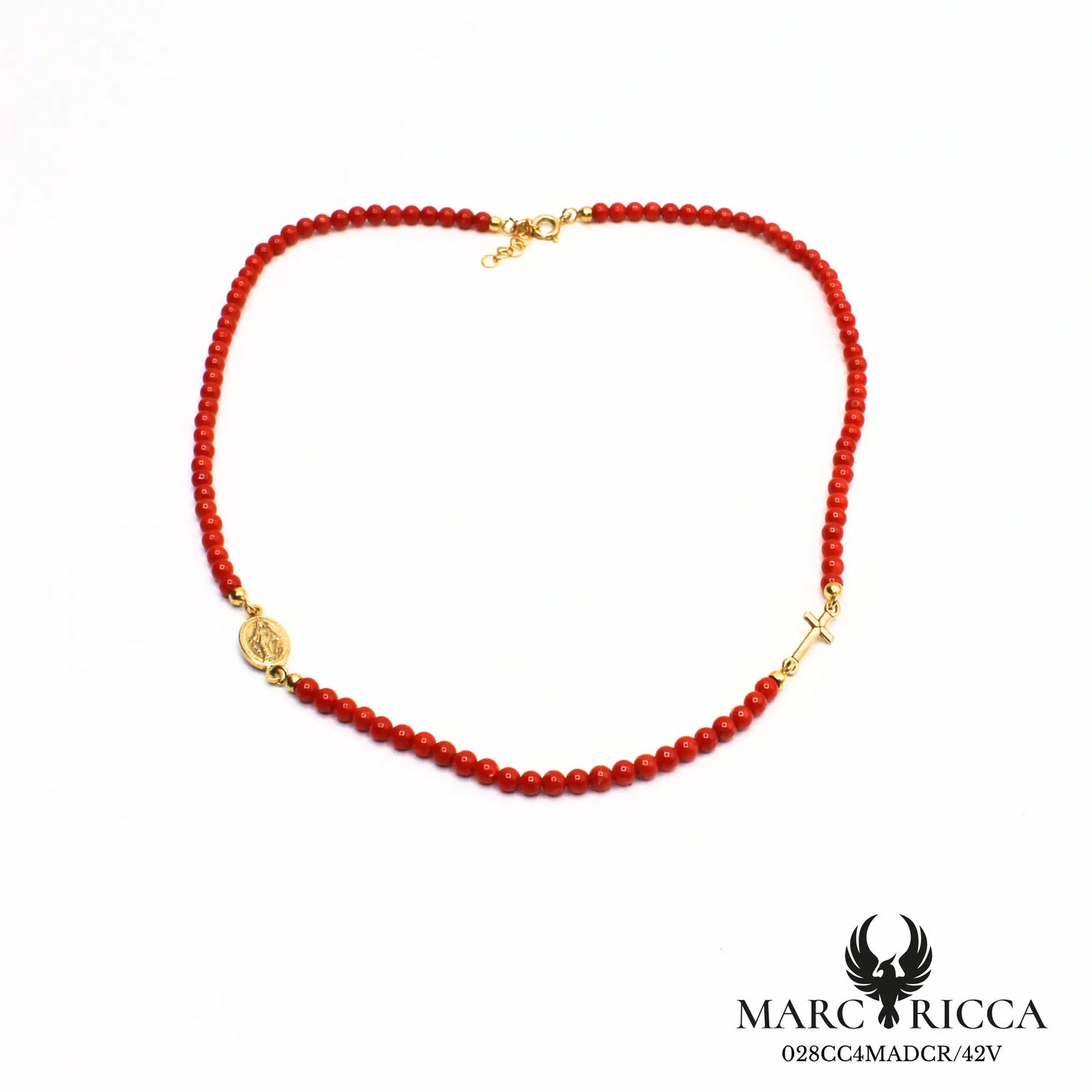 Collier en perles de corail avec madone et croix en vermeil