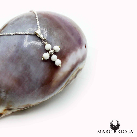 Pendentif Argent Croix Corail Blanc