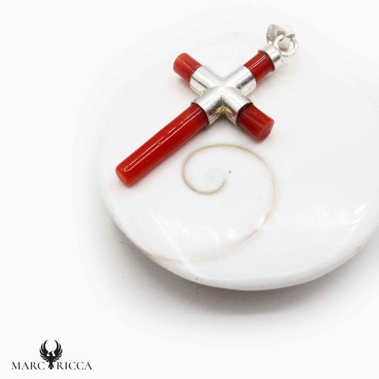 Pendentif Argent Croix Corail