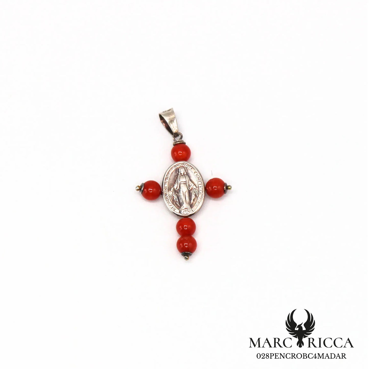Pendentif croix corail avec Miraculeuse en vermeil ou argent