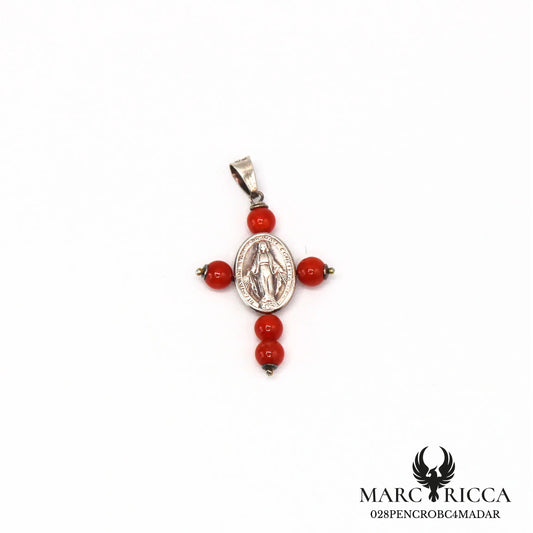 Pendentif croix corail avec Miraculeuse en vermeil ou argent