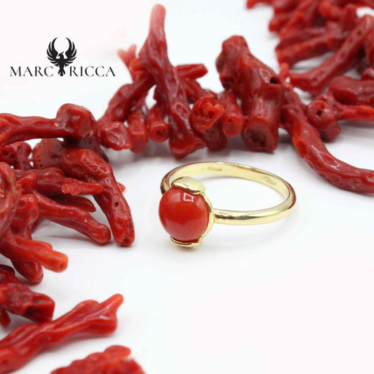 Bague Or Corail Cabochon Rond