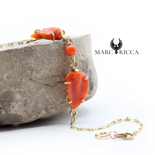 Bracelet Or Feuilles Corail Rouge