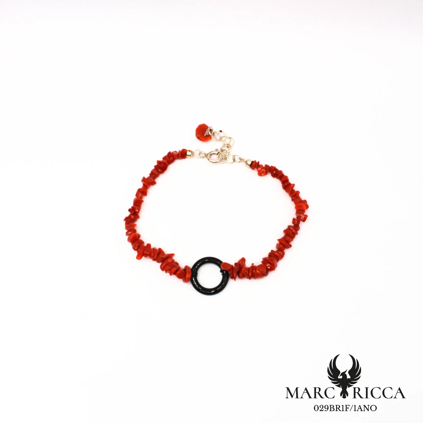 Bracelet corail sassi avec rond onyx en argent