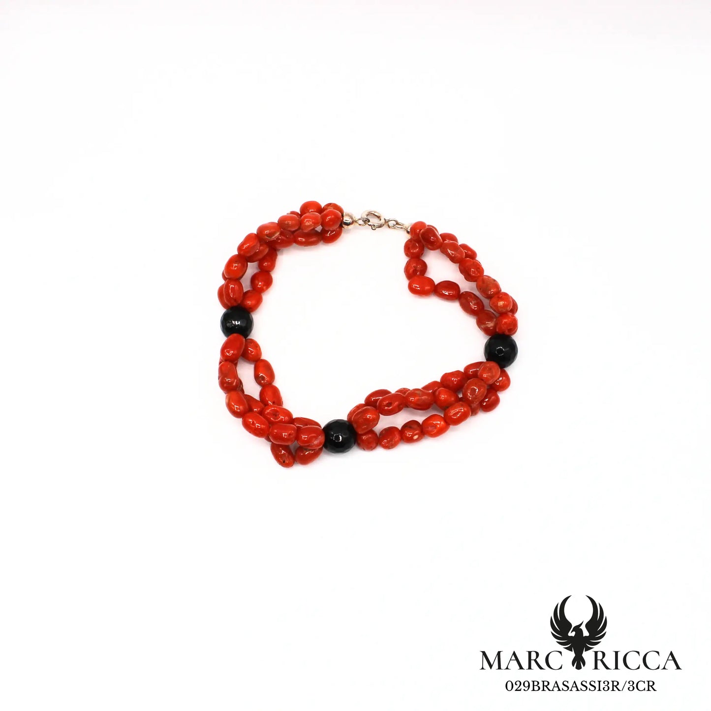 Bracelet corail perles 3 rangs avec perles onyx