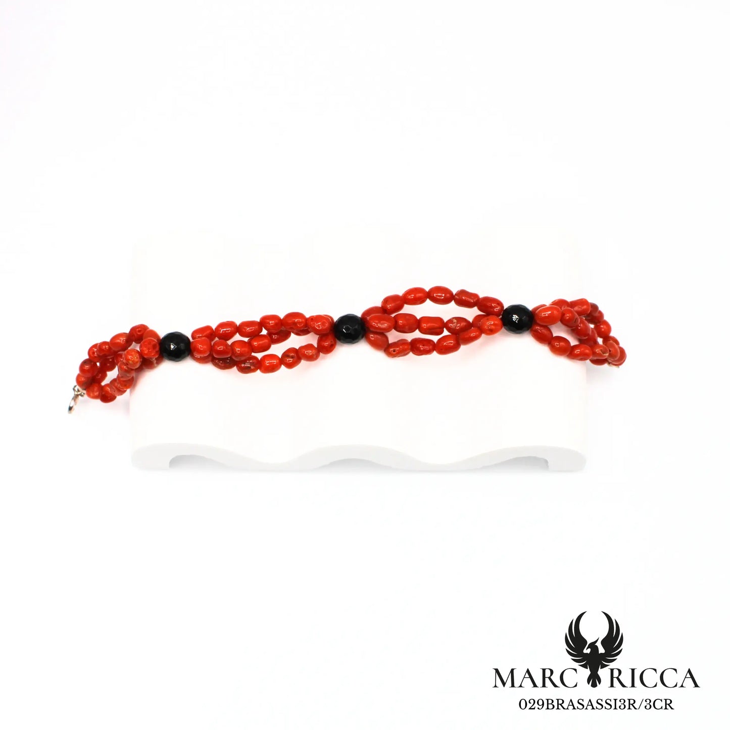 Bracelet corail perles 3 rangs avec perles onyx