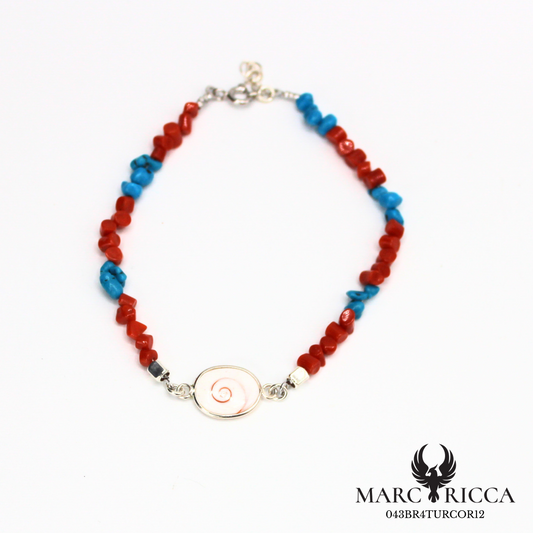Bracelet corail, turquoise et œil de Sainte-Lucie en Argent