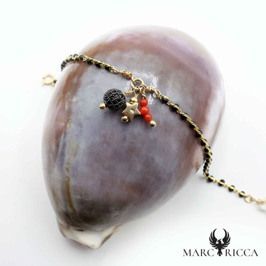 Bracelet Argent Strass noir, étoile & corail Vermeil