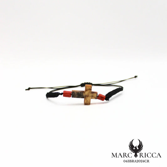 Bracelet cordon macramé croix corne chèvre et corail
