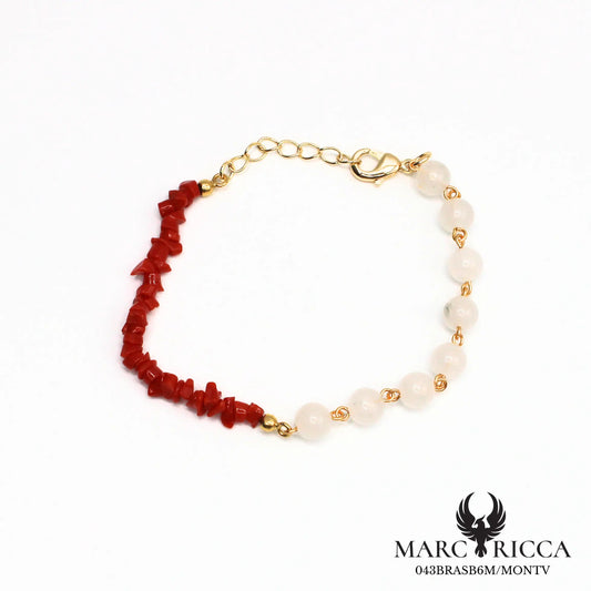 Bracelet asymétrique corail chips & perles d’onyx ou de quartz en vermeil