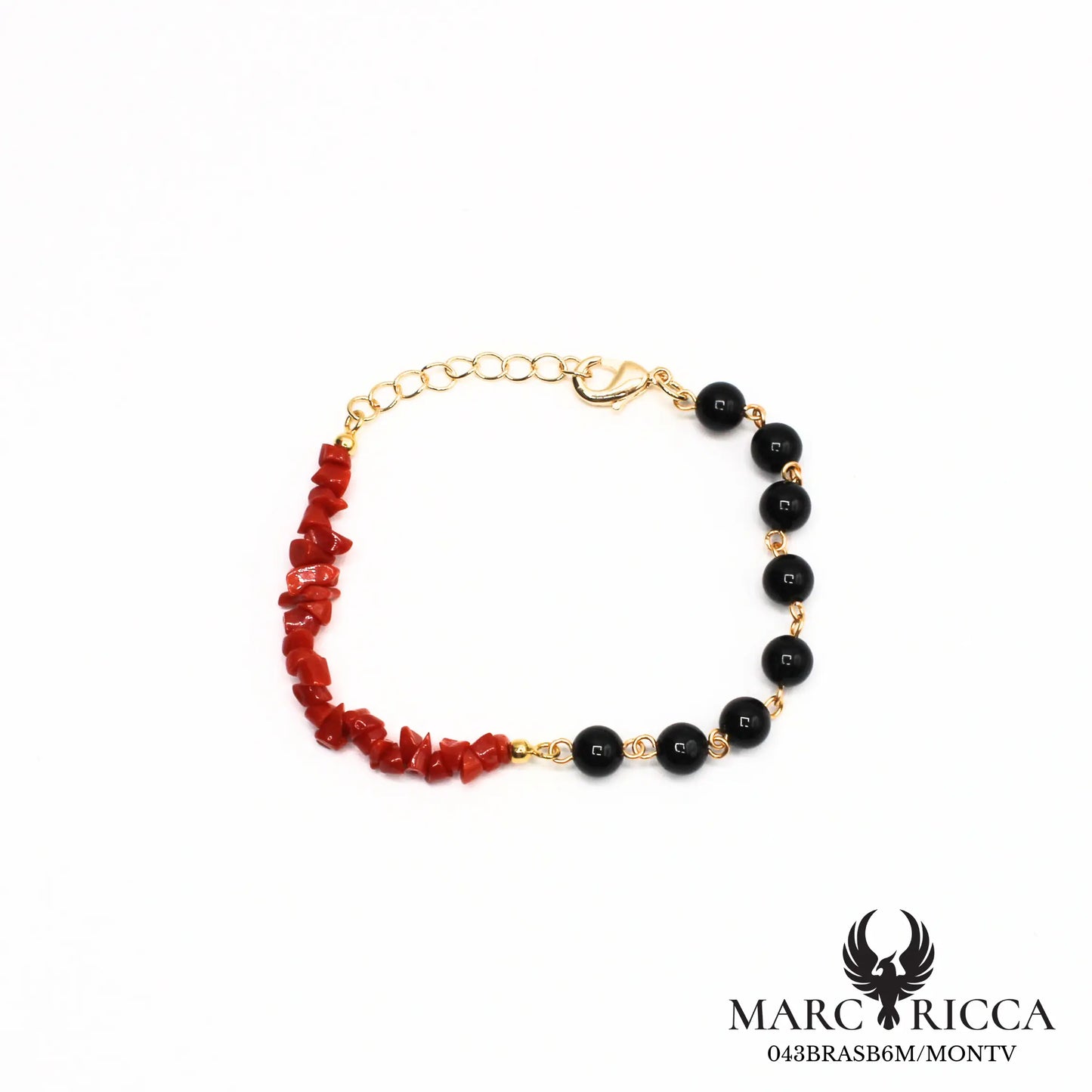 Bracelet asymétrique corail chips & perles d’onyx ou de quartz en vermeil