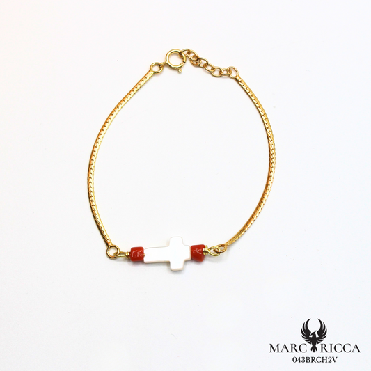 Bracelet Argent / Vermeil avec corail et croix en nacre