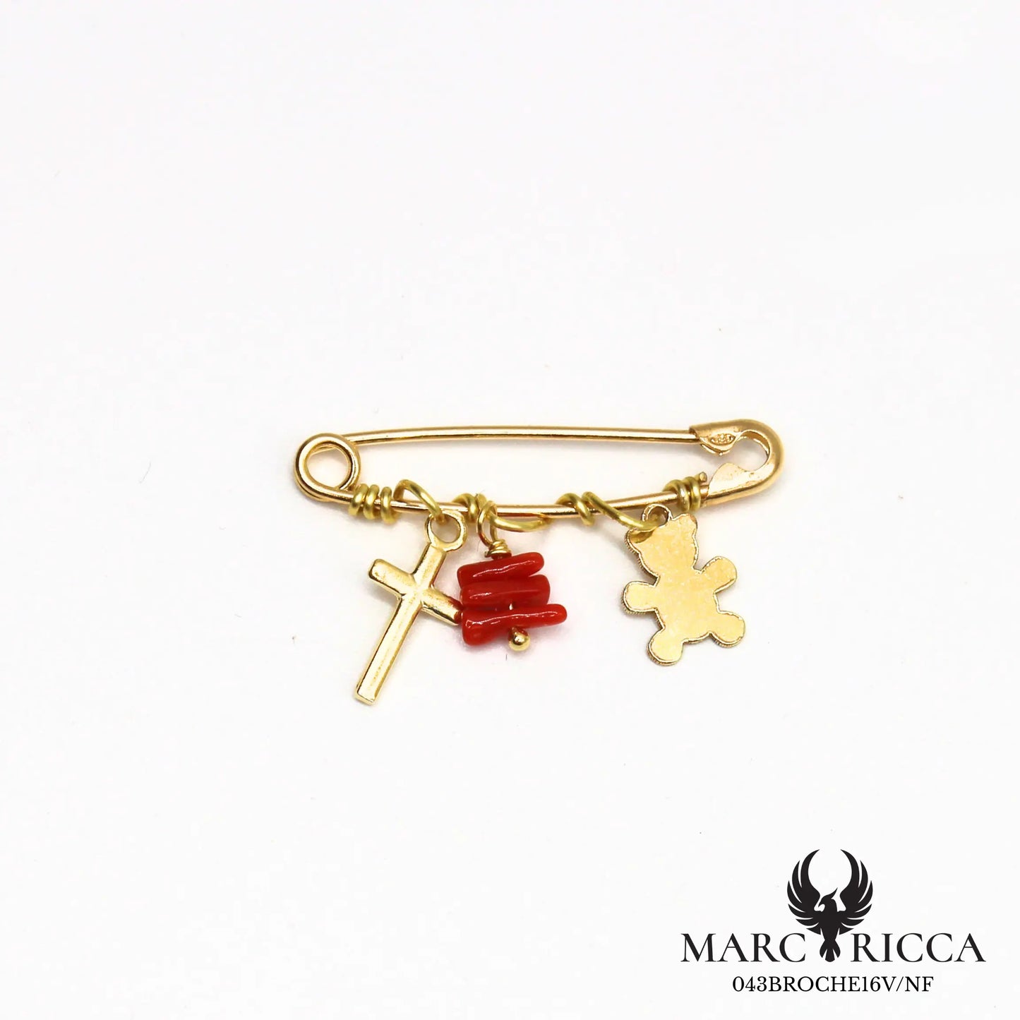 Broche croix ourson et corail