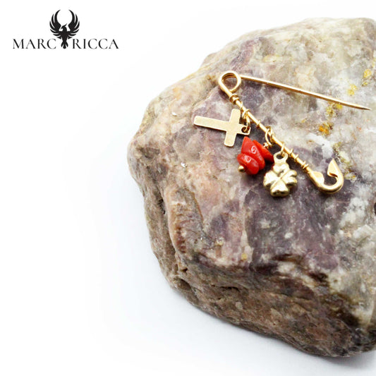 Broche Vermeil Corail Croix & Trèfle
