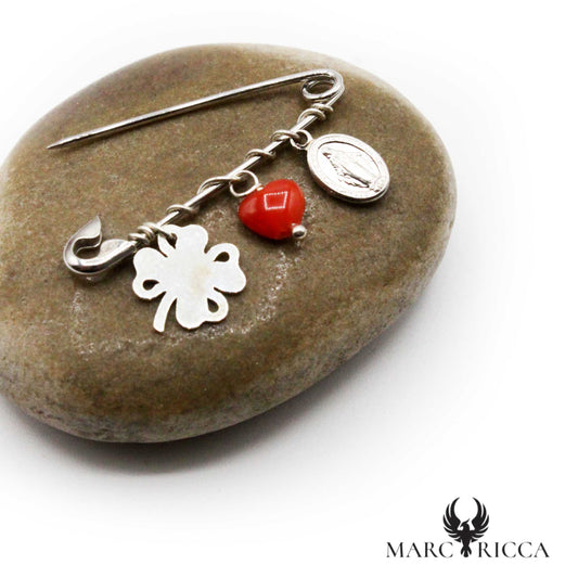 Broche Argent Corail Coeur, Madone & Trèfle