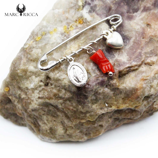 Broche Argent Corail Main, Cœur & Madone