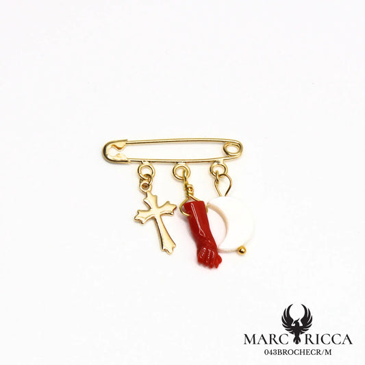 Broche religieuse corail et nacre en vermeil