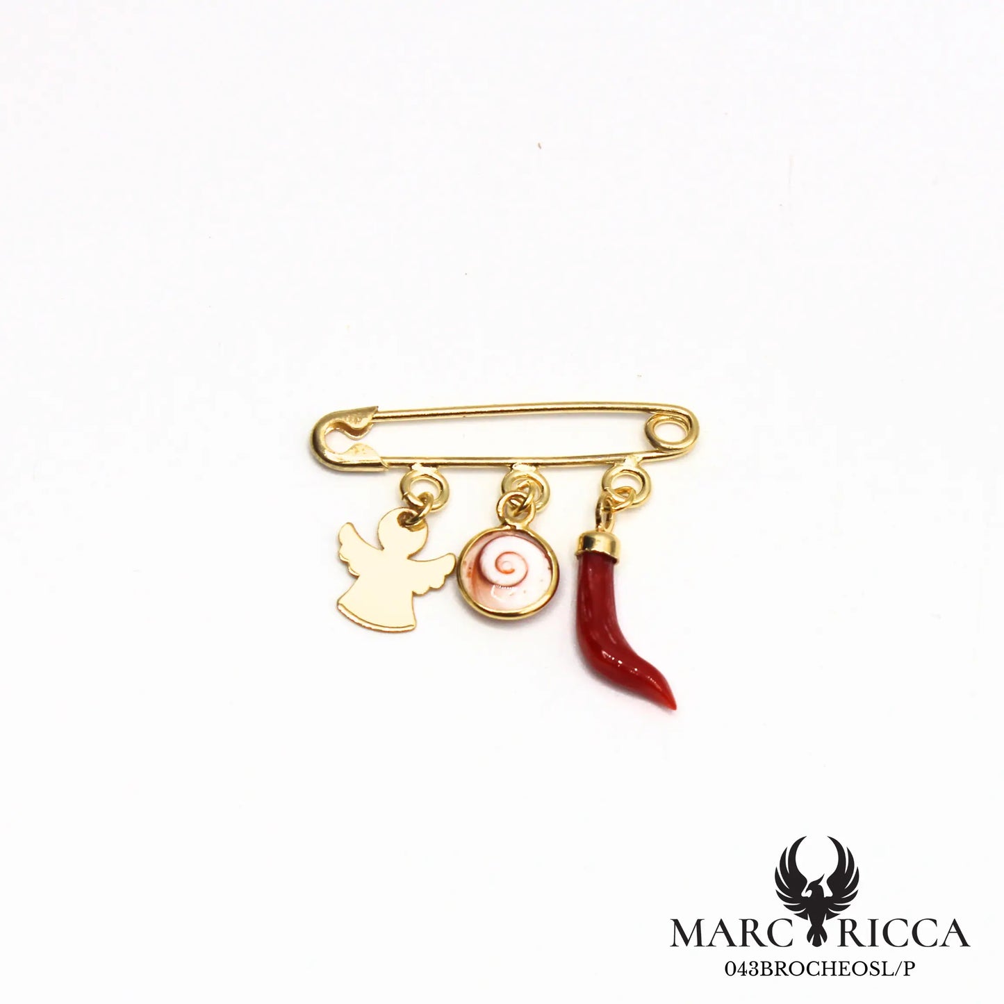 Broche en vermeil ange œil de Sainte Lucie et corail