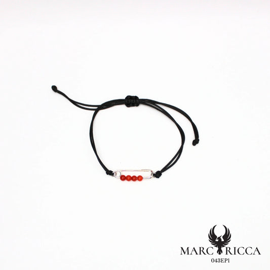 Bracelet cordon avec épingle et perles de corail en argent