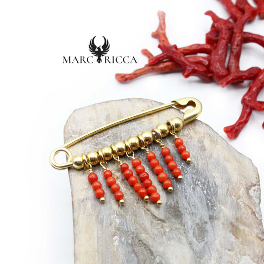 Broche Argent Corail Franges Perles