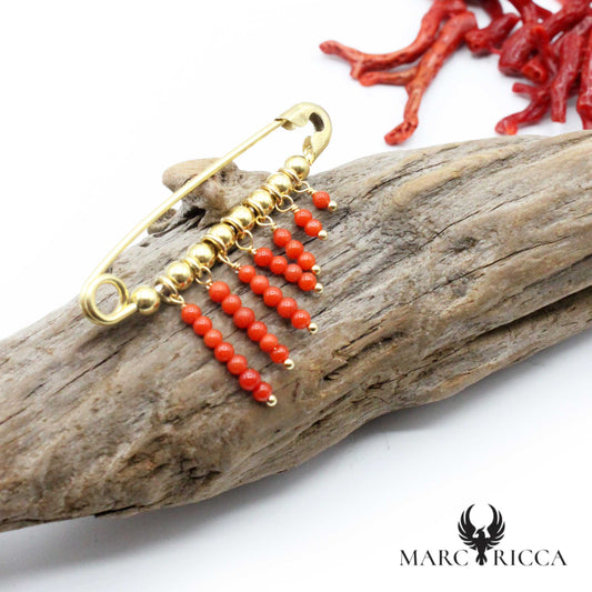Broche Argent Corail Franges Perles