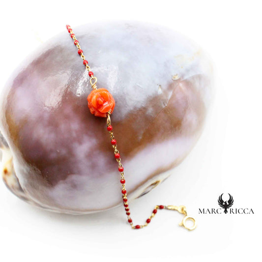 Bracelet Argent Rose Fil Gigi résine & Corail Rouge Vermeil
