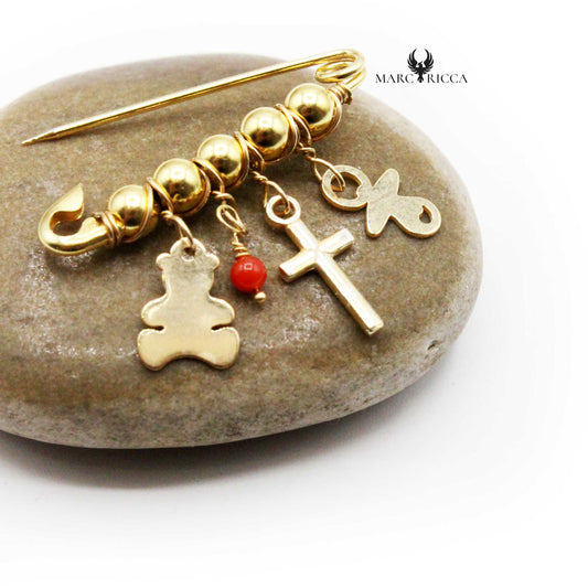 Broche Vermeil Corail Perle, Nounours, Croix & Tétine