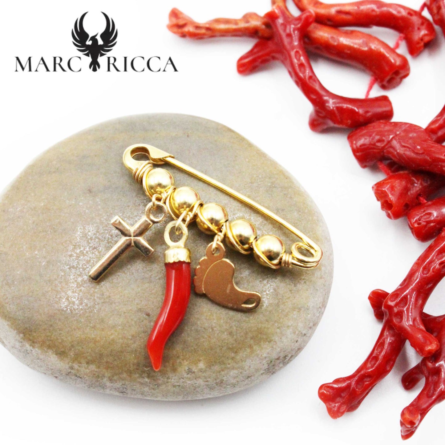 Broche Vermeil Corail Corne, Croix & Pied