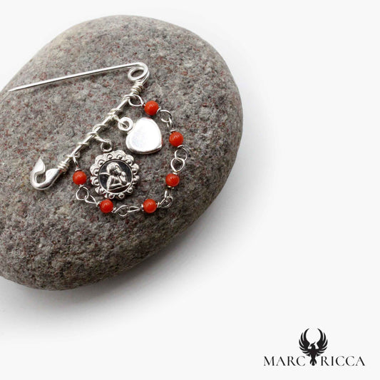 Broche Argent Corail perles, Cœur & Ange