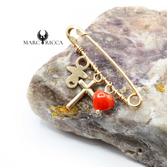 Broche Vermeil Corail Cœur, Croix & Tétine