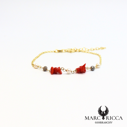 Bracelet chaine en vermeil avec corail chips, perles et cristal