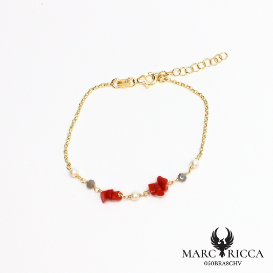Bracelet chaine en vermeil avec corail chips, perles et cristal